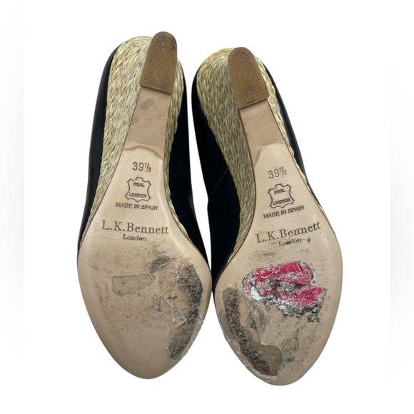 L.K. Bennett Black Leather Peep Toe Wedge Heels - Picture 6 of 7